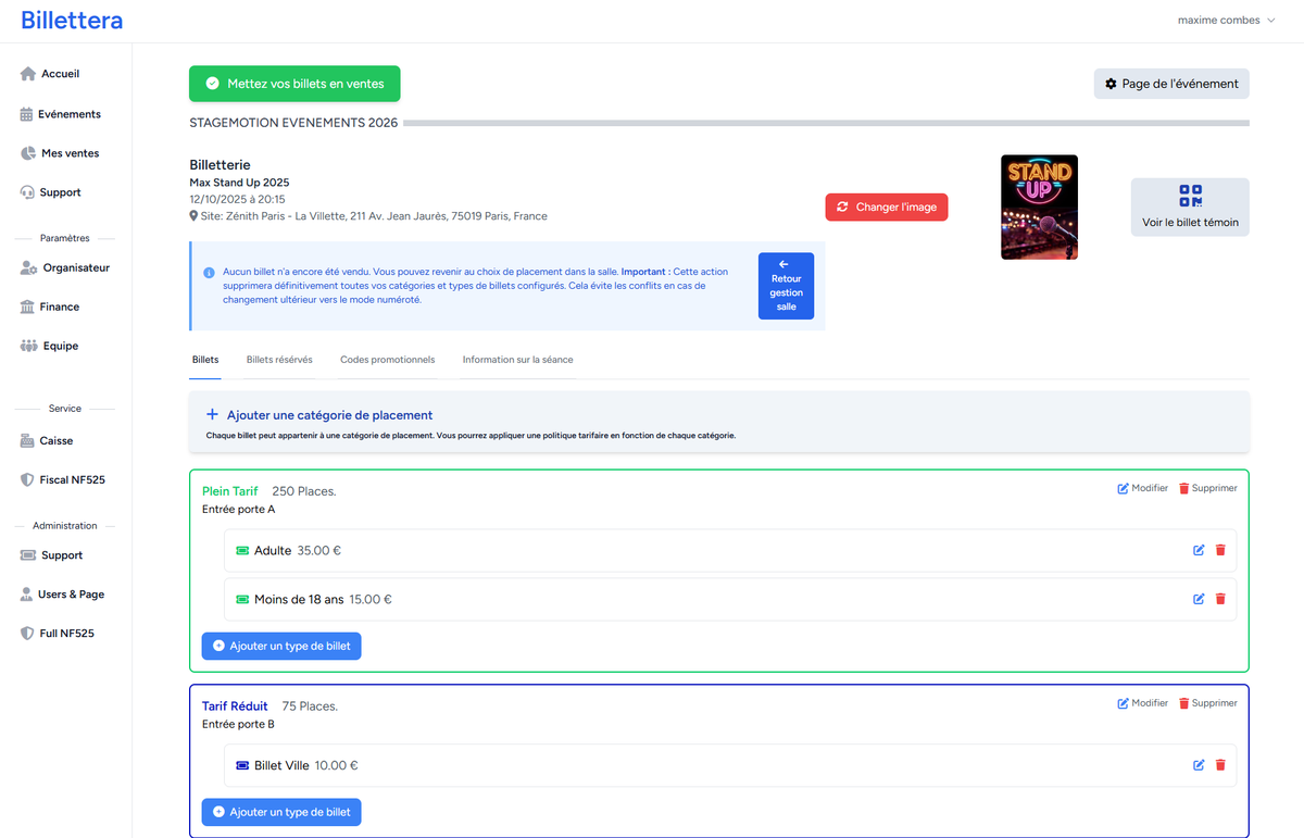 Interface de la plateforme Billettera